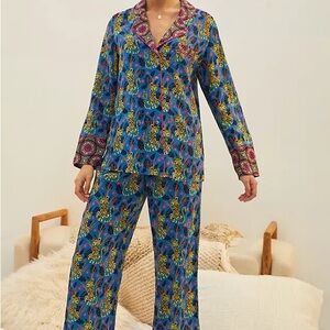 Anthropologie Janine Lecour Fleurs 2 Piece Pajama Set Cheetah Leopard XSP